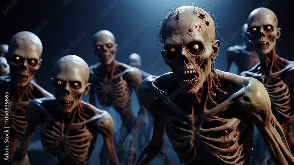 A group of creepy skeletons are shown with the words dead on the bottom. A group of creepy skeletons are shown with the words dead on the bottom.