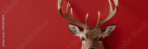 Reindeer with red nose sticks his head through a hole in a red paper wall photo