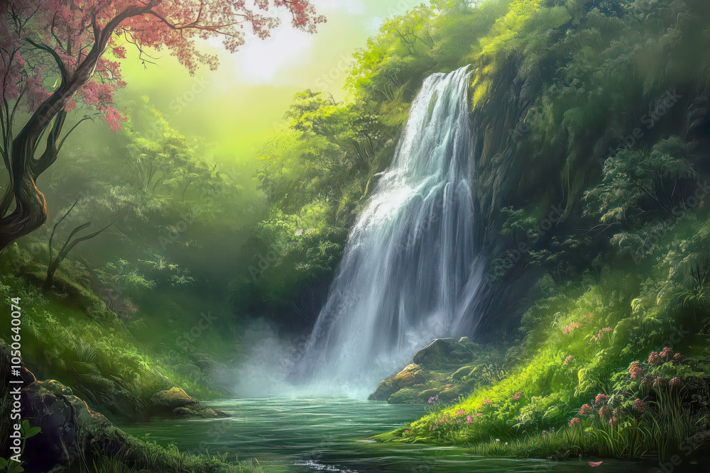 Fototapeta premium A tranquil waterfall hidden deep within a lush jungle.