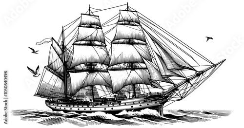 schooner on the sea, sail ship journey to valhalla, drakkar ship lineart