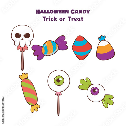 Halloween Trick or Treat Set of Cute Candy Collection. Cartoon Vector Illustration.