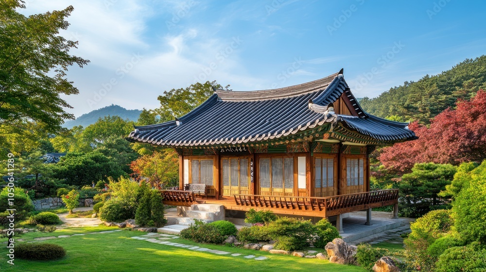 Traditional Korean Architecture in a Serene Garden Traditional Korean Architecture in a Serene Garden