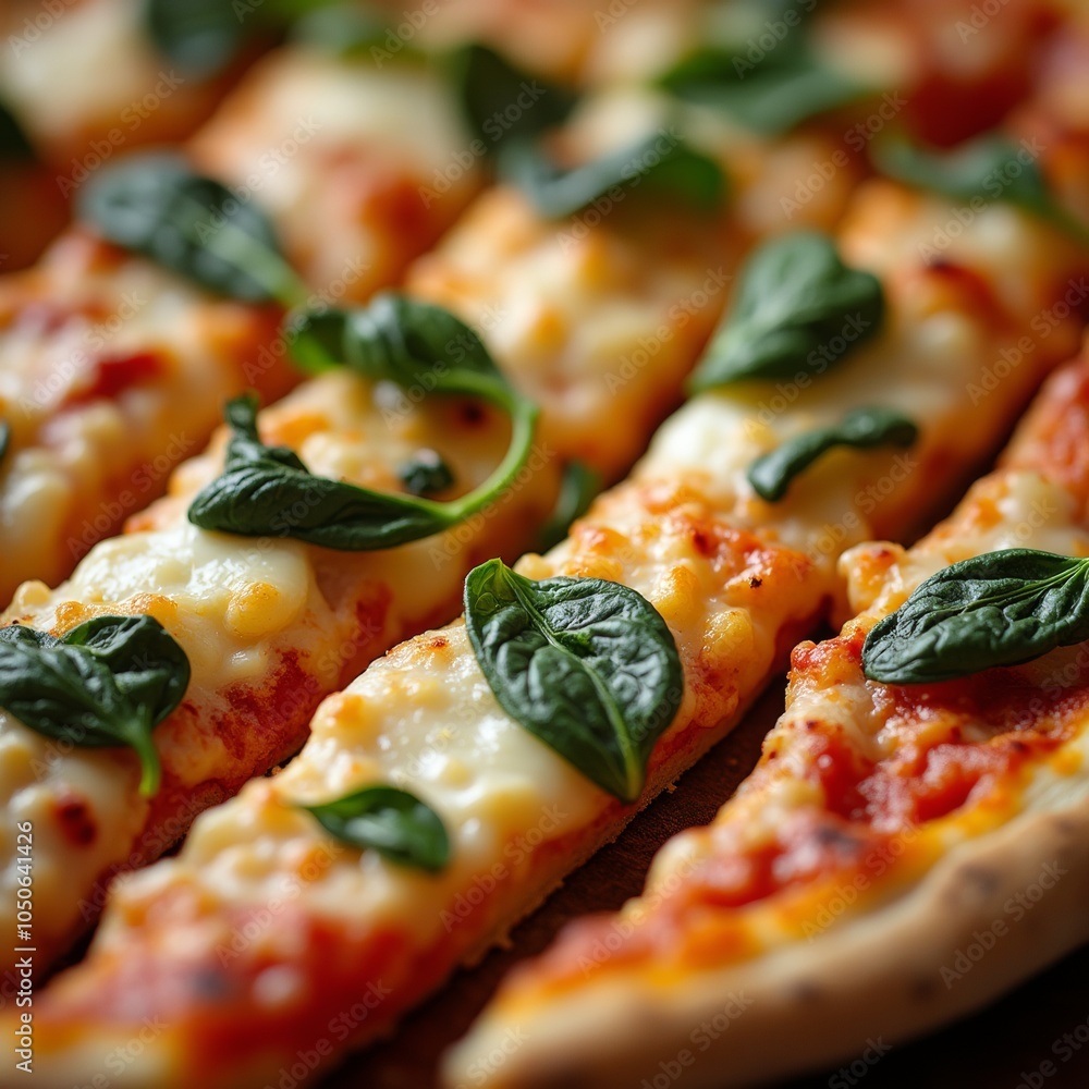 Close-up slices of freshly baked pizza. Macro. Melted cheese, greens and other ingredients, appetizing food photography for Italian restaurant menu. Close-up slices of freshly baked pizza. Macro. Melted cheese, greens and other ingredients, appetizing food photography for Italian restaurant menu.