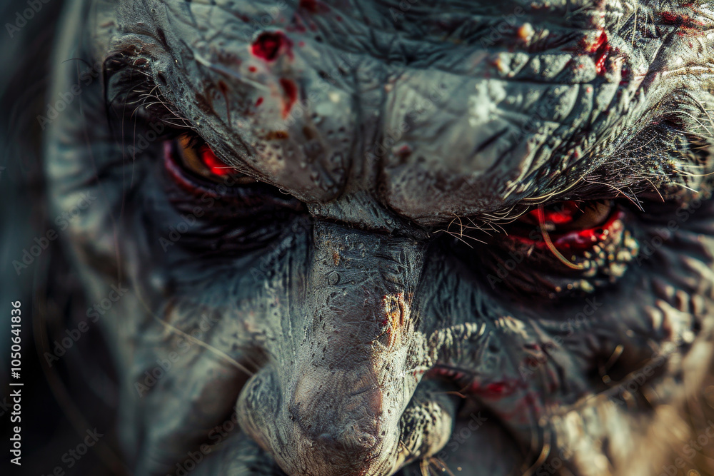 Obraz premium This striking close-up features a monster face with intense, glowing red eyes and detailed textures. The fierce expression reveals a blend of artistry and fear, highlighted during a creative event