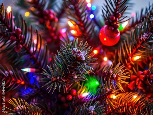 Wallpaper Mural Green Christmas tree decorated with colorful ornaments and glowing lights, cheery, pine, festive Torontodigital.ca