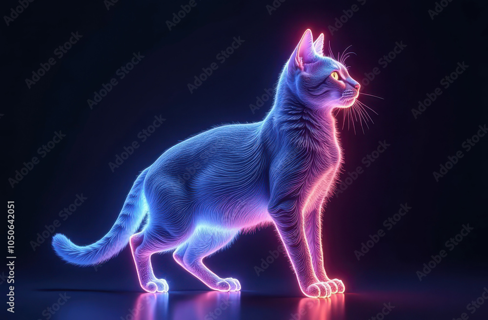 Fototapeta premium wallpaper Futuristic Holographic Cat Figure Created with Glowing Neon Wireframe Lines