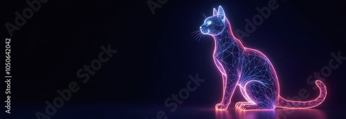 Holographic Cat Figure Created with Glowing Neon Wireframe Lines Futuristic 