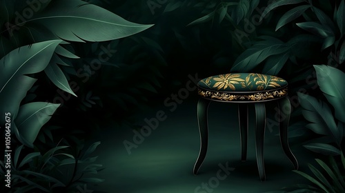 Ashanti wedding stool made of carved wood with gold accents in a tropical setting photo