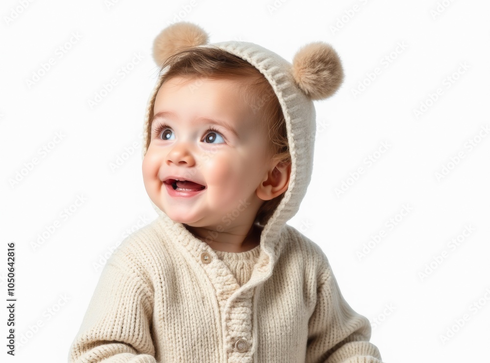 Toddler baby in a cute sweater with ears, isolated on a white studio background. Child smiling and looking away, copy space. Toddler baby in a cute sweater with ears, isolated on a white studio background. Child smiling and looking away, copy space.