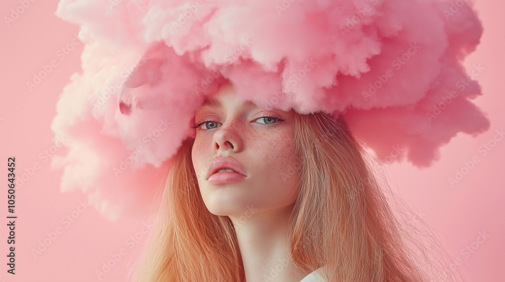 Up close female model with a pink cloud at the top of her head on a pink background with pastel colors