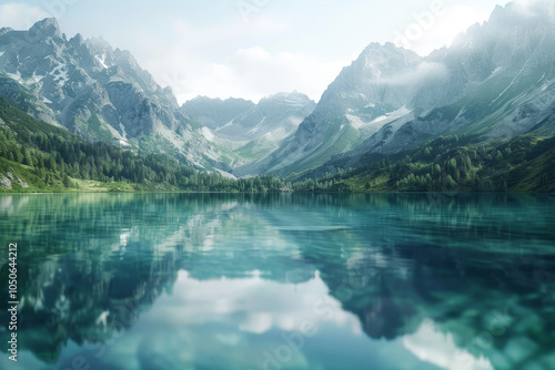 In the early morning light, a peaceful alpine lake mirrors towering mountains and lush green forests, shrouded in gentle mist and surrounded by nature's beauty