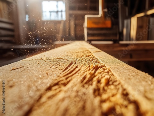 Closeup of a wooden plank with visible grains, sawdust, carpentry tools in the background, natural tones, building materials, craftsmanship photo