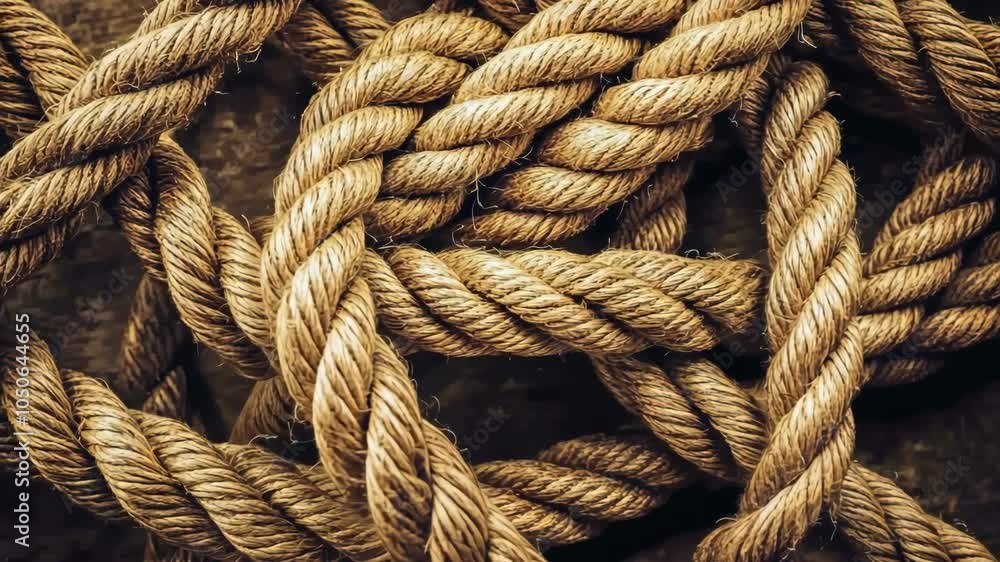 A close-up shot of thick rope, intertwined, laying on a wooden surface A close-up shot of thick rope, intertwined, laying on a wooden surface