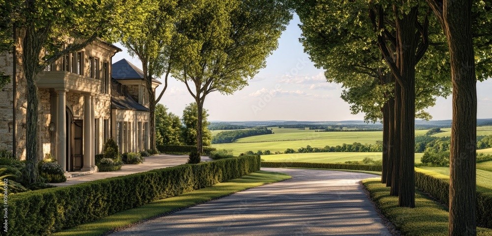 Obraz premium An elegant countryside estate featuring a long driveway lined with trees, rolling meadows in the background, and classic architecture that exudes charm.