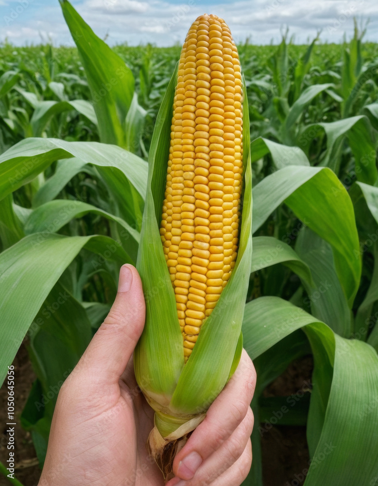 Obraz premium Close-up of a hand holding a fresh ear of corn in a cornfield with vibrant green leaves in the background. This image represents farming, harvest, and agricultural abundance.