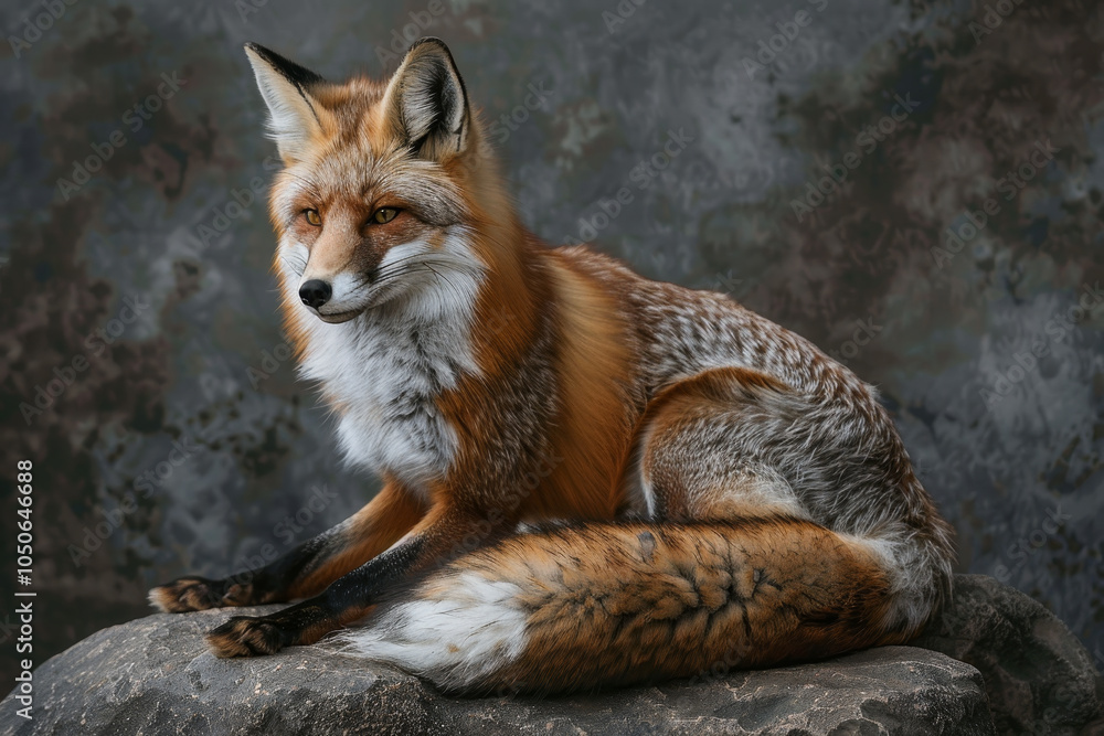 Obraz premium A red fox sits gracefully on a rocky surface, showcasing its vibrant fur and keen gaze. The setting has a muted, natural background that enhances the fox's beauty