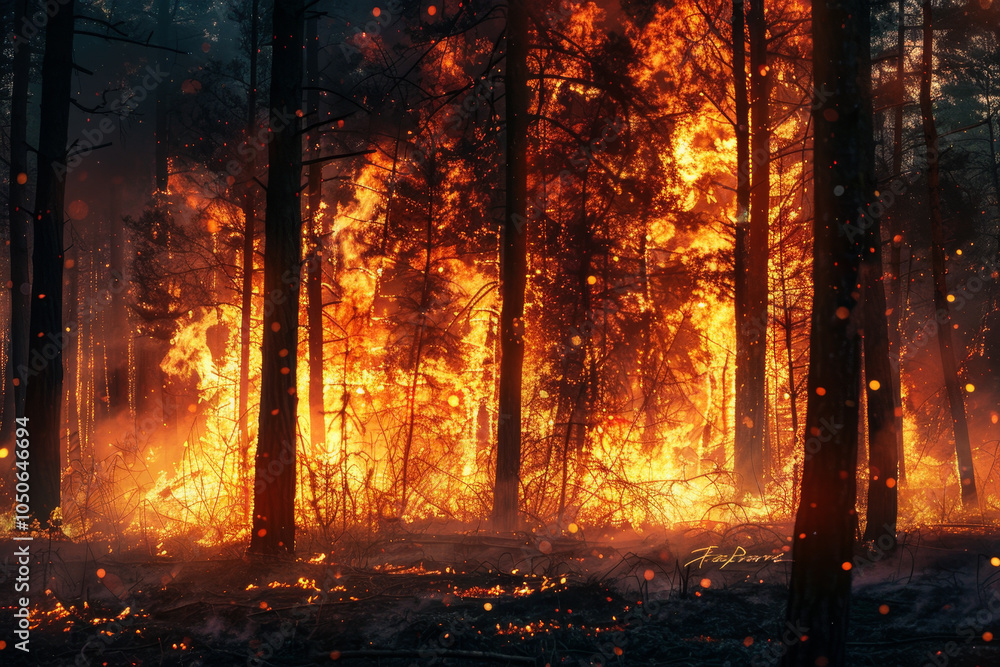 A fierce wildfire engulfs the forest at night, with bright flames shooting up through trees, while smoke fills the air, creating a dramatic and hazardous environment A fierce wildfire engulfs the forest at night, with bright flames shooting up through trees, while smoke fills the air, creating a dramatic and hazardous environment
