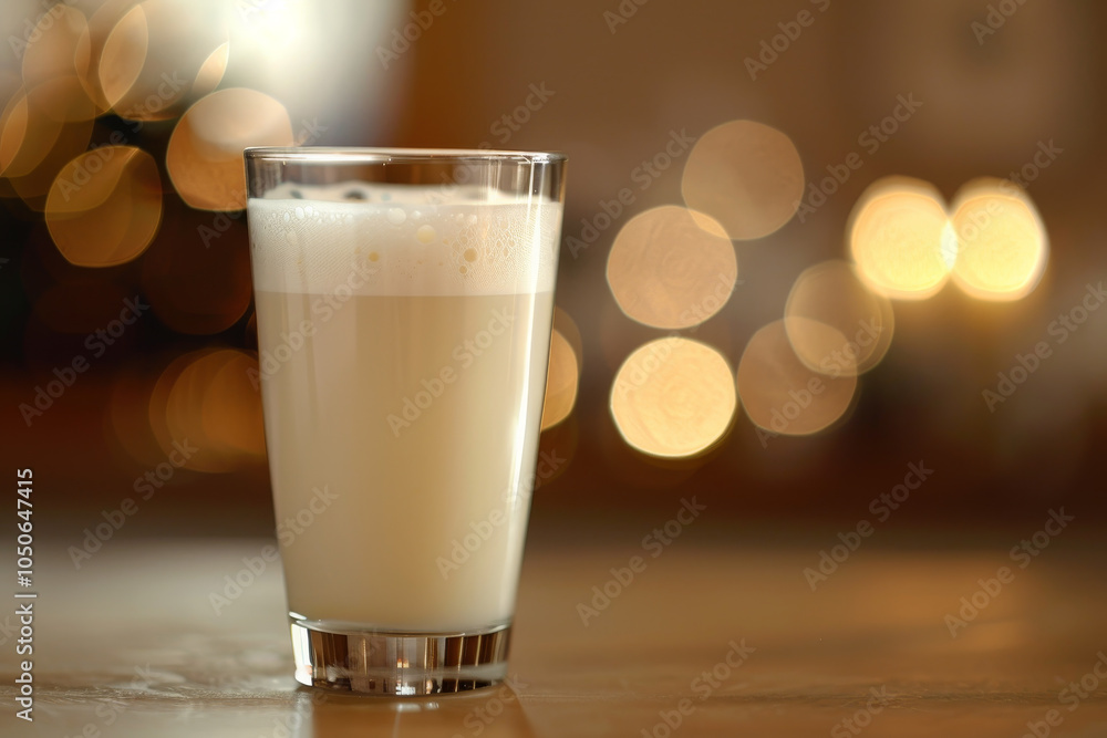 A refreshing creamy beverage sits in a clear glass on a polished wooden table. The warm glow of bokeh lights creates a cozy atmosphere in the background A refreshing creamy beverage sits in a clear glass on a polished wooden table. The warm glow of bokeh lights creates a cozy atmosphere in the background