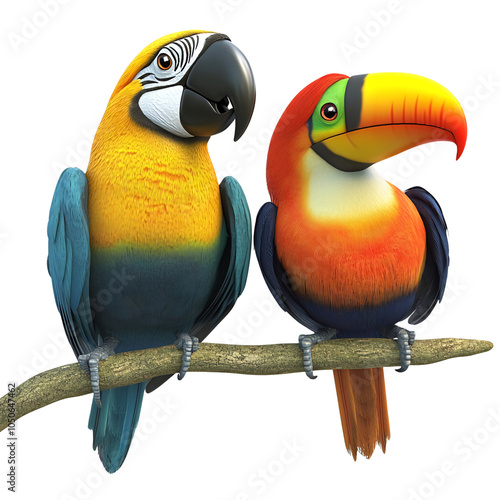 A blue and gold macaw and a toucan perched on a branch, looking at each other isolated on transparant background. Generative ai