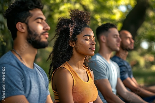 People practicing group meditation in a park, seated on grass, concept of calm, mental wellness, and nature connection, sunny outdoor environment