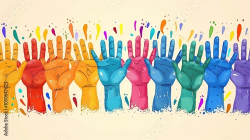 A row of colorful hands reaching up with paint splatters in the background. photo