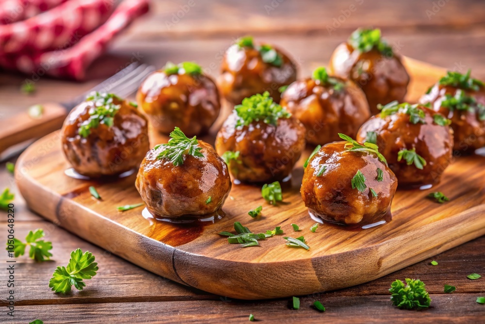 Glazed Meatballs with Herb Garnish on Wooden Board in Pink Background - Delicious Recipe Inspiration Glazed Meatballs with Herb Garnish on Wooden Board in Pink Background - Delicious Recipe Inspiration
