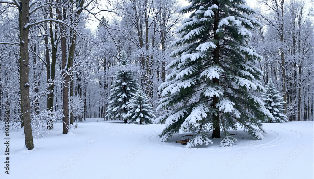Snow-covered evergreen trees standing majestically in a tranquil winter forest landscape Snow-covered evergreen trees standing majestically in a tranquil winter forest landscape