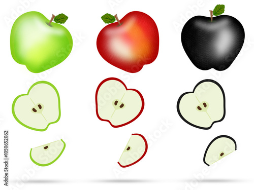 Set of apples vector. Green, red and black. Fruits set isolated on white. Healthy fruits illustration.