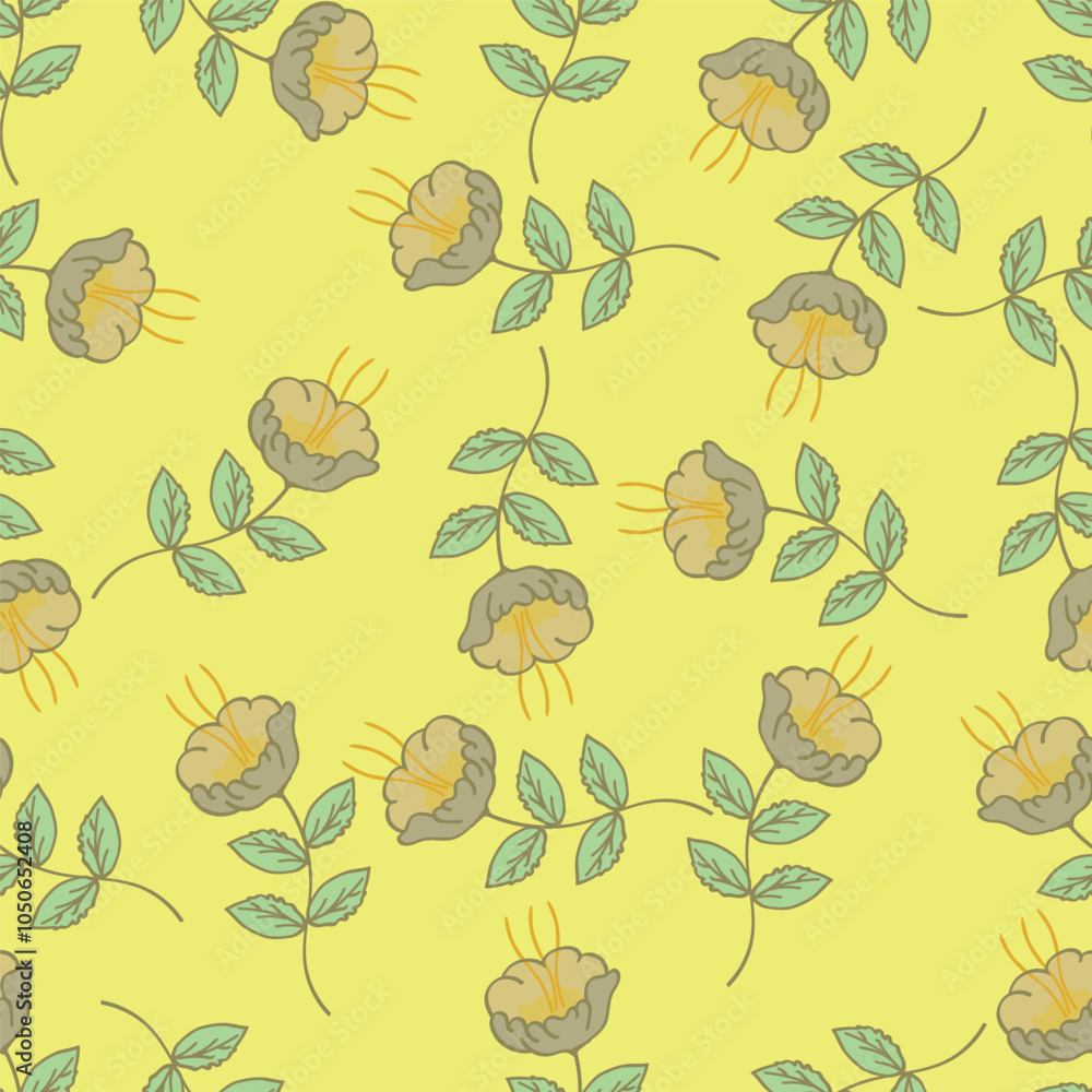 Seamless floral pattern, elegant ditsy print, abstract ornament with green blooming field in retro motif. Pretty botanical design: small hand drawn wild flowers, grass, leaves. Vector illustration Seamless floral pattern, elegant ditsy print, abstract ornament with green blooming field in retro motif. Pretty botanical design: small hand drawn wild flowers, grass, leaves. Vector illustration