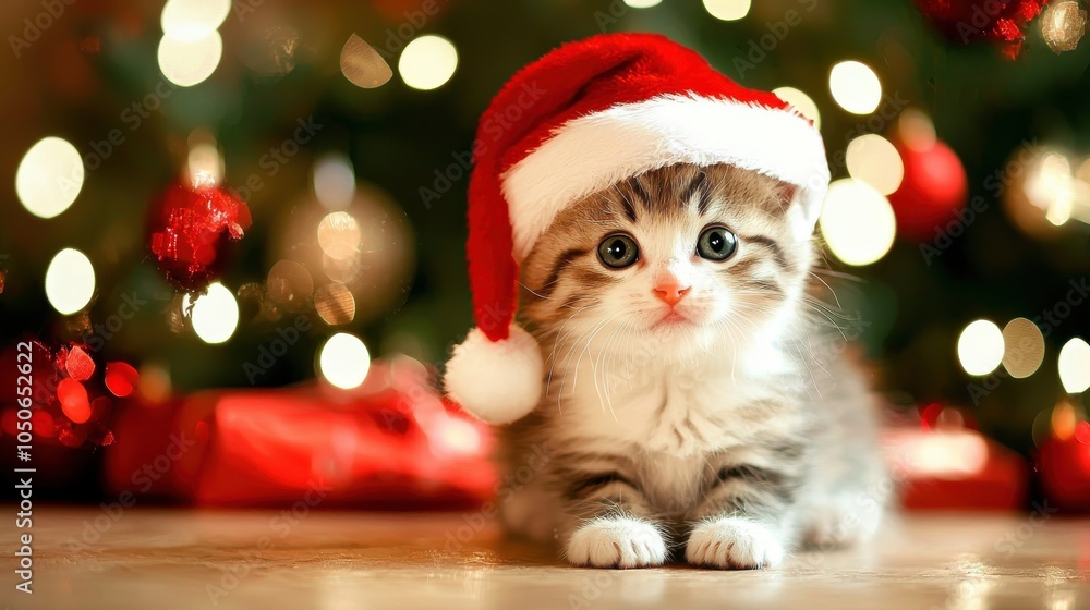 Adorable kitten by glowing Christmas tree Adorable kitten by glowing Christmas tree