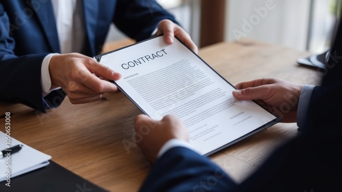 Hands exchanging a contract document at a wooden table, business meeting concept.