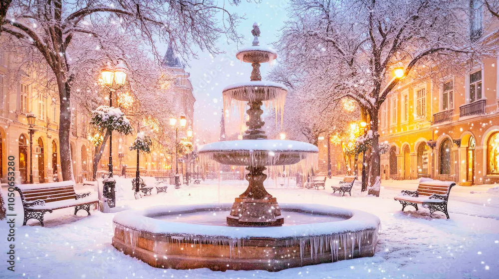 Fototapeta premium A frozen fountain in a snowy city square with benches and trees during a winter snowfall