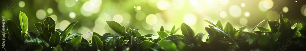 Blurred green foliage with soft sunlight and bokeh highlights Blurred green foliage with soft sunlight and bokeh highlights