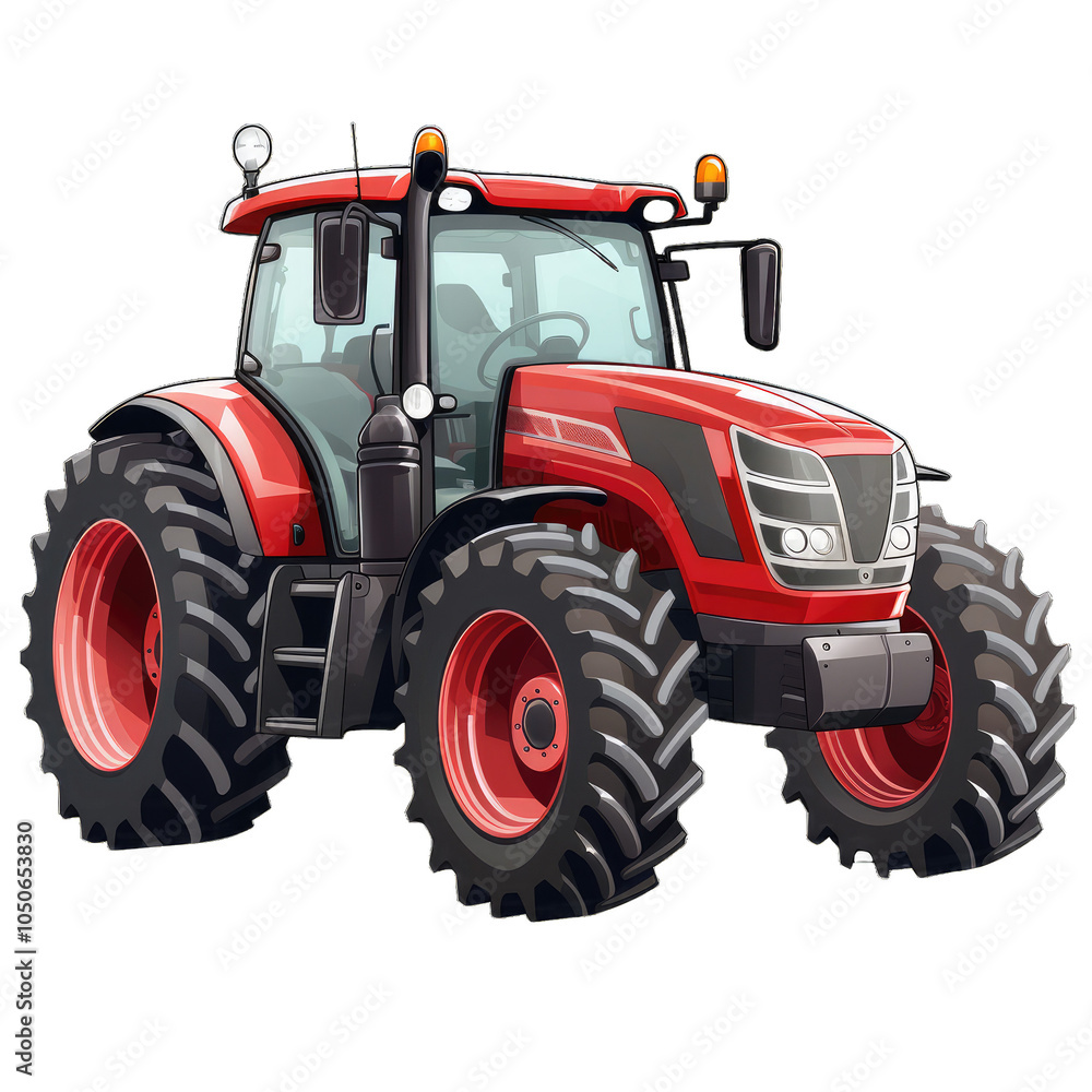 A red tractor with large tires is shown on a white background A red tractor with large tires is shown on a white background