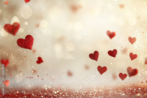 Glittering red hearts falling on a soft light bokeh background photo