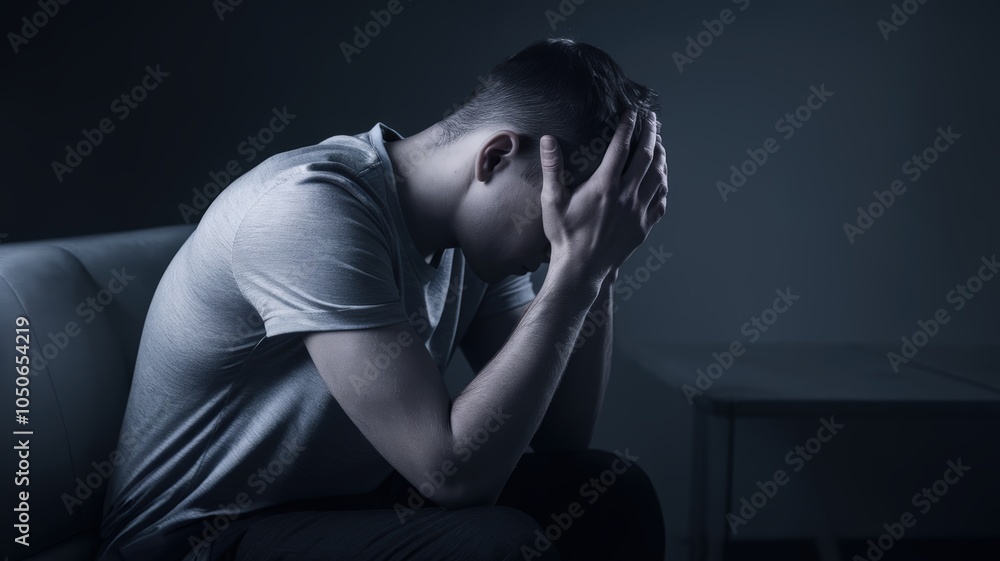 Man in distress, sitting alone in dimly lit room, expressing deep emotional pain. Man in distress, sitting alone in dimly lit room, expressing deep emotional pain.