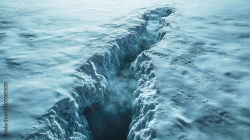 A stunning crevasse enhances the icy landscape of a winter lake surrounded by pristine snow photo