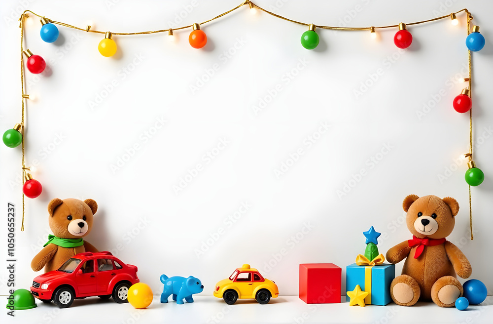 Obraz premium frame for text made from colorful kids toys, teddy bear, toy cars, balls, cubes, with golden garland lights, on white Christmas background, festive golden boke