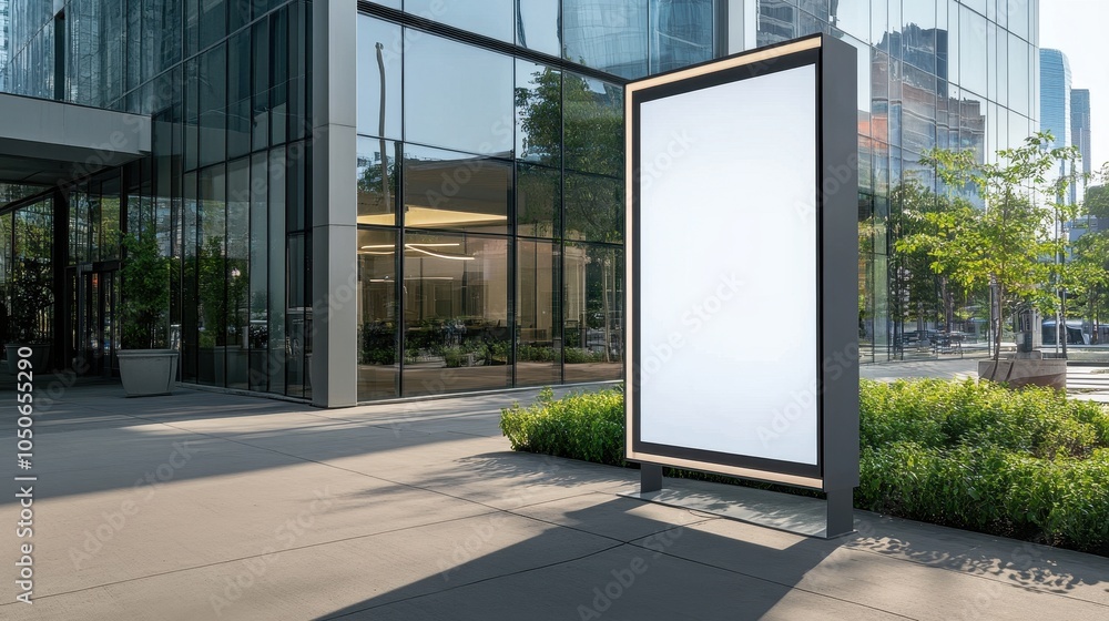 Mockup signage stands prominently by a high-tech building amidst a contemporary city backdrop Mockup signage stands prominently by a high-tech building amidst a contemporary city backdrop