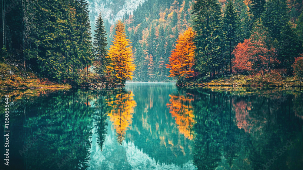 Naklejka premium A tranquil lake reflecting vibrant autumn foliage in a serene forest setting