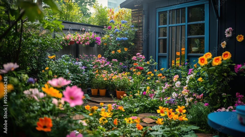 A vibrant and colorful backyard garden with a blue door and a stone path surrounded by blooming flowers. A vibrant and colorful backyard garden with a blue door and a stone path surrounded by blooming flowers.