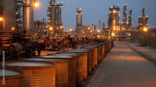 Massive oil drums and machinery in refinery at dusk create striking industrial scene