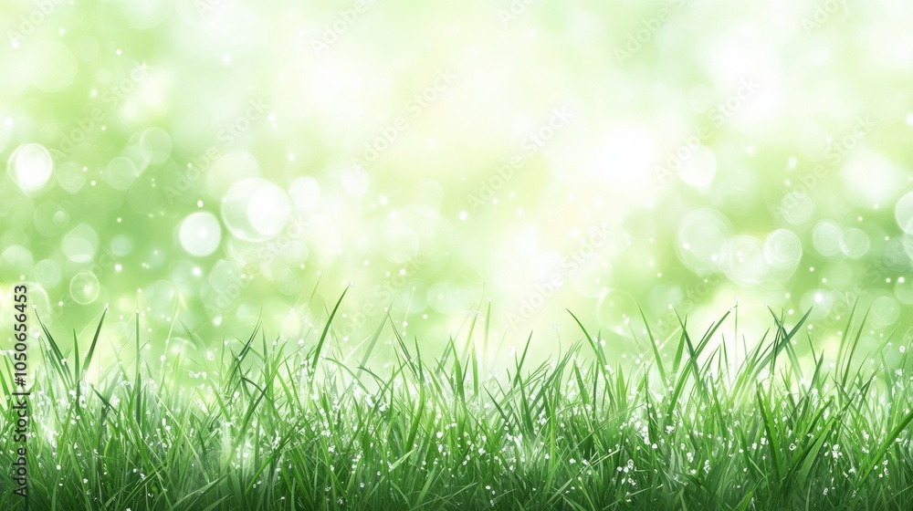 Fototapeta premium Lush green grass with morning dew sparkles under a soft, bokeh-filled background, AI