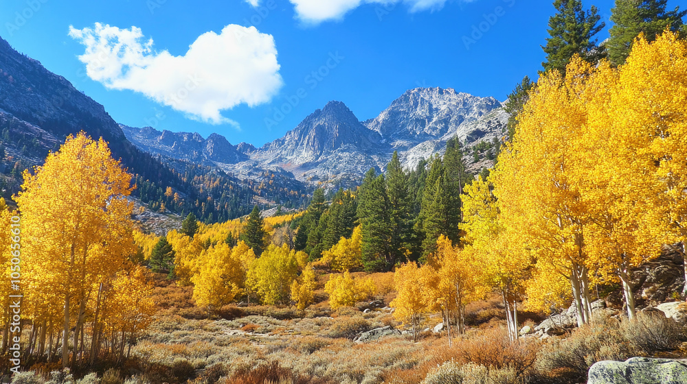 Autumn colors embrace mountains as leaves transition from yellow to red under a bright blue sky