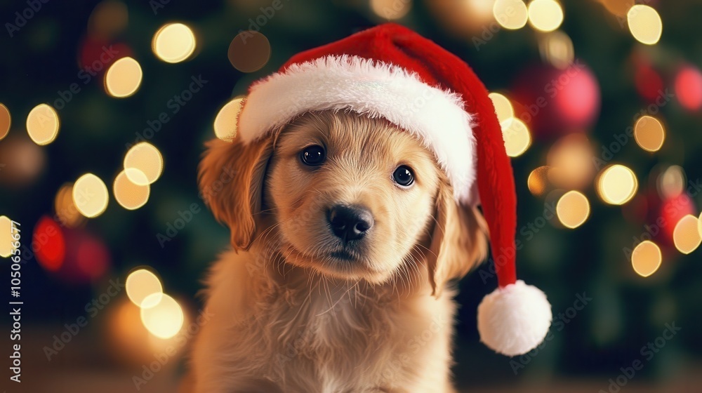 Cute puppy in Santa hat with Christmas lights Cute puppy in Santa hat with Christmas lights