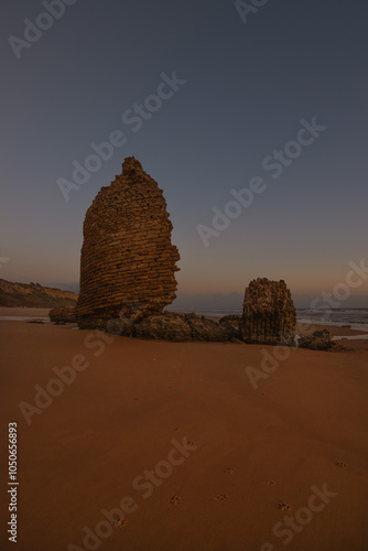 Obraz w ramie A sunset on Torre Del Loro beach, Mazagon, Huelva, Spain. Holidays, tourism, adventures, Doñana, Matalascañas. Vertical