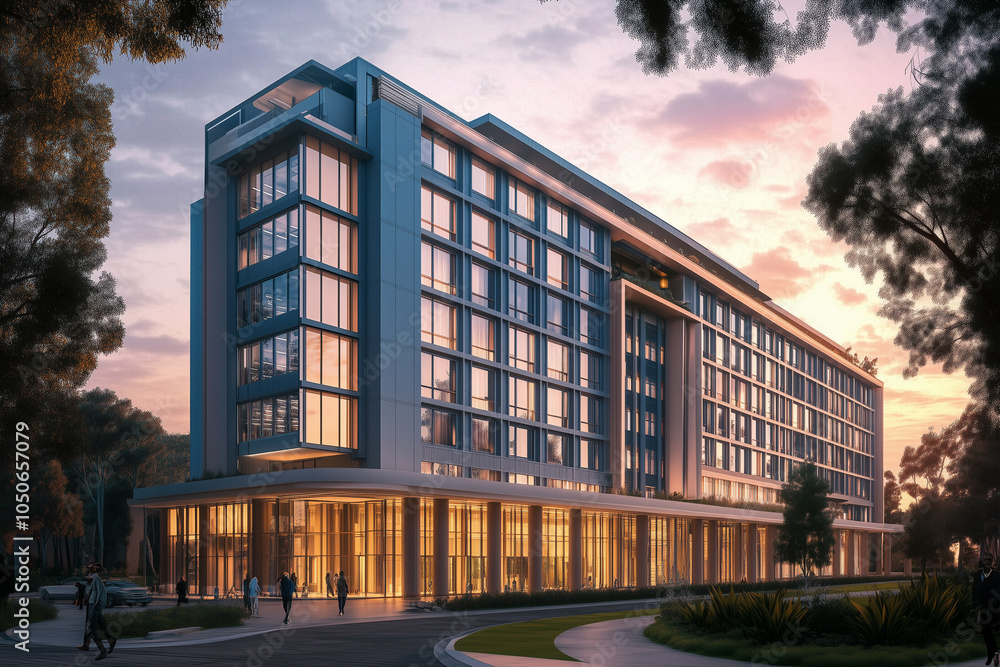 Obraz premium Modern hotel building during sunset with reflective glass and lush greenery surrounding