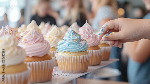 A child is reaching for a cupcake with sprinkles on top. The cupcakes are arranged on a white plate, and there are several of them in different colors