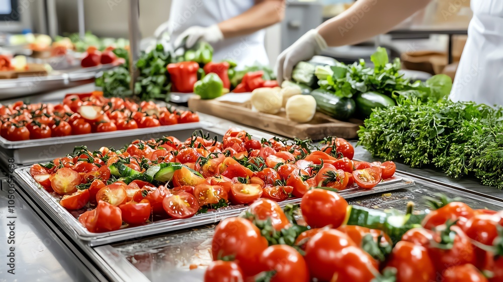 Obraz premium Automated food processing machines slicing vegetables in a highspeed production line, food slicing automation, industrial food production