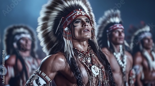 A group of Native American men are dressed in traditional garb and standing in a line. Scene is one of pride and unity, as the men are showcasing their cultural heritage and traditions